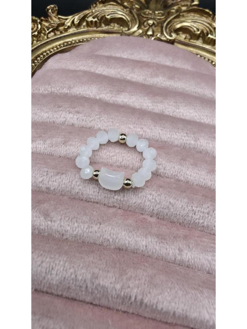 Adjustable White Beaded Hello Kitty Cat Shape Fashion Ring Small Cat Bead